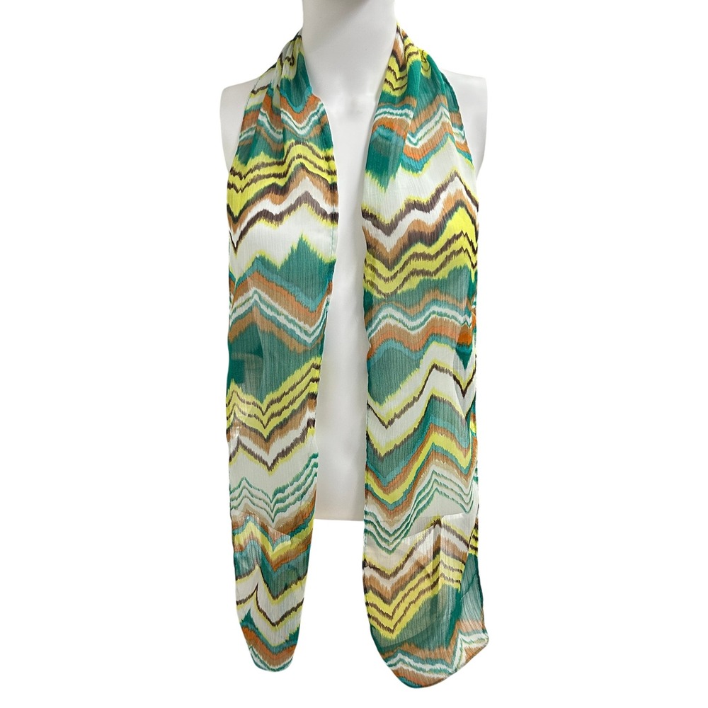Boho Chevron Zig Zag Sheer Lightweight Scarf Green Yellow Retro Eclectic